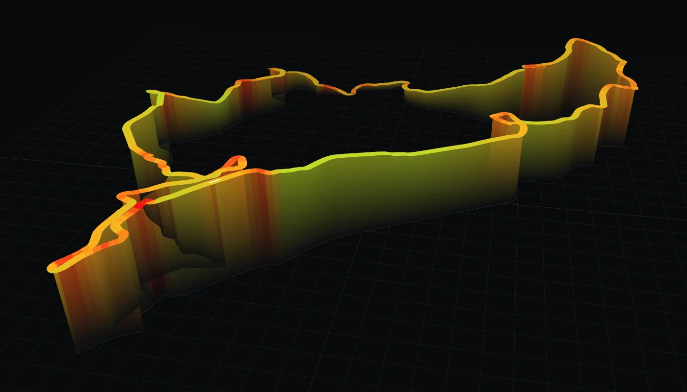 Die Nordschleife (Nürburgring 24h) in 3D, eingefärbt nach dem Tempo einer echten Runde